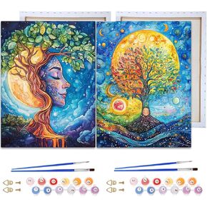 Reofrey Framed Paint by Numbers Kit for Adults & Beginner - 2Pcs 8x12Inch Canvas Sun Trees Paint by Numbers - Landscape Educational & Creative Art Set for Beginners - Perfect for Home Wall Decoration