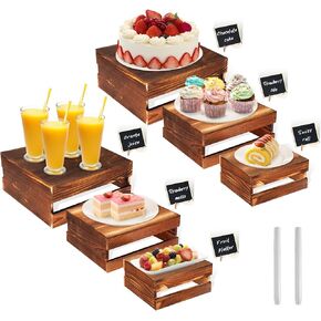 6 Pcs Buffet Risers with Mini Signs, Rustic Wood Cake Stands, Food Risers for Buffet Table, Dessert Display Stand, Wood Crates, Rustic Cake Stand for Party, Wedding, Birthday, Baby Shower, 3 Sizes
