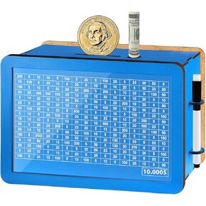 $10000 Larger Size Savings Challenge Box - Cash Vault Wooden Money Savings Box for Adults Kids - Kakeibo Money Bank - Wooden Cash Coin Piggy Bank with Counter and Dry Erase Pen - Brown