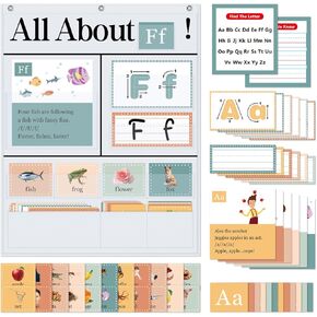 All About Letters Pocket Chart with 99 ABC Flash Cards, Letter of The Day/Week Daypocket Chart, Letter Tracing Learning Educational Wall Chart Preschool Classroom Homes, 34" X 27"White