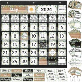 Fulmoon Eucalyptus Calendar Pocket Chart Set Greenery Classroom Decoration Calendar Bulletin Board Pocket Chart Seasons Festival Weather Calendar Pocket Chart for Back to School Classroom Supplies