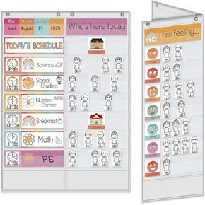 ABCKEY Class Schedule Pocket Chart, Double-Sided Foldable, for Teacher and Student Use,Schedule Cards, Attendance Cards, Mood Cards (Rainbow (White))