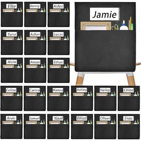 24 PCS Chair Pockets for Classroom, 20"x17" Seat Sacks for Classroom Chairs k-2, Student Chair Pockets with Name Tag Classroom Chair Organizer for Classroom Kindergarten School Home Seat Storage Black
