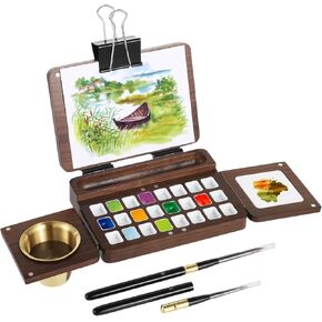 24 Grids Wooden Watercolor Palette, Black Walnut Portable Foldable Empty Wood Palette Box, Multifunctional Indoor Outdoor Paint Tray with 2 Paintbrushes and Cleaning Cup