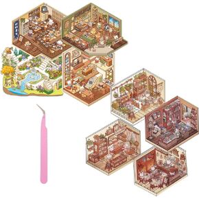 8 Sets DIY 3D House Stickers, DIY Stickers Scene, Miniature Scene Stickers Make Your Own Supermarket Coffee Shop Restaurant Bookstore for Adult Kids