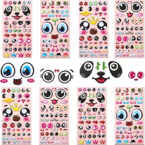8Sheets Puffy Googly Eyes Stickers for Kids Crafts, Self-Adhesive Foam Eyeballs with Mouth & Nose Details, Assorted Sizes (Small & Large), for Kids' DIY Projects, Easy Peel & Stick Application