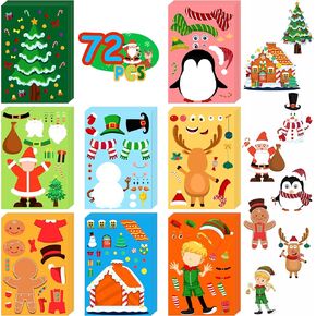 LINAYE 72 Sheets Christmas Stickers Crafts for Kids Toddlers, 8 Styles Make Your Own Christmas Stickers Goodie Treat Bag Stuffers Christmas Game Activities for Kids Toddlers Christmas Party Favors
