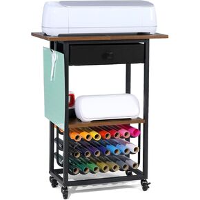 Organization and Storage Craft Cart Compatible with Cricut Machines, Crafting Table Workstation with Wheels, Rolling Craft Organizer with 21 Vinyl Roll Holders and Drawer, Black