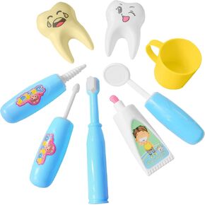 مجموعة لعب طبيب الأسنان الكرتونية مكونة من 8 قطع - نماذج أسنان لطيفة مع فرش أسنان، ومجموعة أدوات طب الأسنان، ومعجون أسنان، وكوب لمدرب تنظيف الأسنان، وأداة تنمية الأسنان للأطفال الصغار (أزرق) in Kuwait