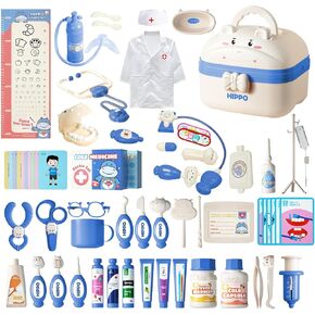 RedCrab Kids Medical Kit 60+pcs, Cute Hippo Dentist Role Players with Clothes, Toddler Preschool Pretend Doctor Playset with Carry Case, Medical Playset for 3-8 Boys and Girls (Blue)