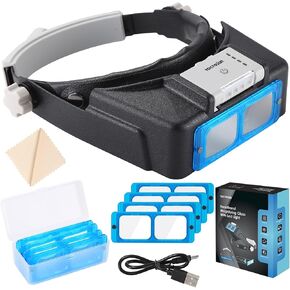 YOCTOSUN Headband Magnifying Glass with Light, Rechargeable Magnifying Glasses for Close Work, 1.5X-3.5X Head Magnifier with 4 Lenses, Hands Free Magnifying Glass Visor for Jewelers, Crafts, Hobby