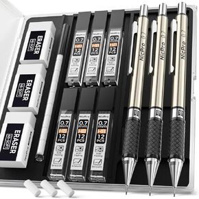 Nicpro RG1000 0.5 mm Art Mechanical Pencil Set in Storage Case, 3 PCS Metal Drafting Pencil Lead Pencil with 6 Tube HB Refills, 3 Erasers, 9 PCS Eraser Refills for Artist Writing, Drawing, Sketching