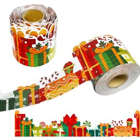69 Feet Christmas Themed Bulletin Board Border, Christmas Gift Box Pattern Border Trim Border Stickers, Winter Classroom Decoration Strip, Winter Christmas Classroom Blackboard Wall Decoration