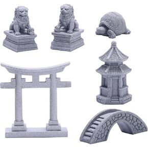 6 PCS Mini Zen Garden Accessories, Miniature Garden Bridge Foo Dogs Torii Gate Sandstone Figurines Meditation Zen Decor Japanese Fish Tank Terrarium Decorations Plant Pots Bonsai Craft Decor (M)