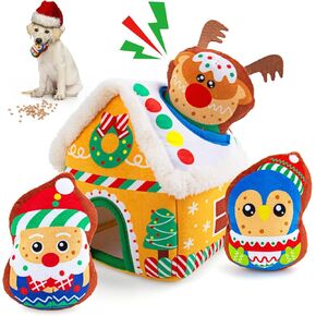 Christmas Interactive Dog Toys,Hide and Seek Activity Plush Burrow Stuffing Dog Puzzle Toy Squeaky Santa Claus Chew Fetch Brain Stimulating Toy for Dogs，Christmas Toys for Dogs Gift-Gingerbread House