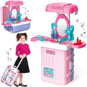 Kids Makeup Vanity, 3 in 1 Toddler Vanity Makeup Table with Mirror and Pretend Play Makeup Accessories & Hair Dryer Toy, Girls Vanity for Toddlers 3-5