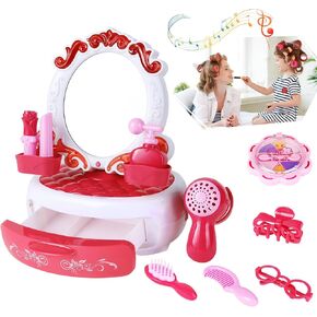 Girls Vanity Set, Toddler Vanity With Light Mirror, Mini Vanity for Girls 5-7 Pretend Makeup Kit, Kids Beauty Salon Play Set, Toddlers Dress-Up Toy Vanities Doll Furniture for Christmas Birthday Gifts