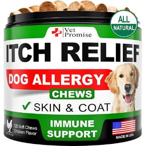 Vet Promise Dog Allergy Chews - Itch Relief for Dogs - Dog Allergy Relief - Anti Itch for Dogs - Dog Itchy Skin - Dog Allergy Support - Hot Spots - Immune Health Supplement - Made in USA - 120 Treats