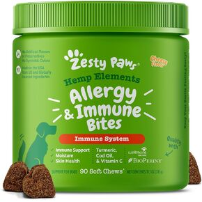 Zesty Paws Dog Allergy Relief - Anti Itch Supplement - Omega 3 Probiotics for Dogs - Salmon Oil Digestive Health - Soft Chews for Skin & Seasonal Allergies - with Epicor Pets – Hemp - 90 Count…