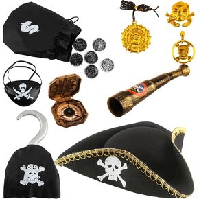 9 Pcs Black Pirate Tricorn Hat with Necklace and Eye Patch Pirate Accessories Colonial Hat Revolutionary War Hat for Halloween Cosplay Pirate Theme Role Play Party