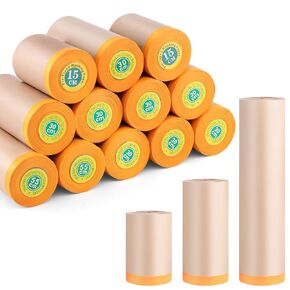 Masking Paper, 12 Rolls Pre-Taped Masking Paper for Painting Automotive Masking Tape Assorted Sizes Painters Tape for Covering Cars Frames Auto Body Windows(Each Roll 50 Feet, 3 Size)