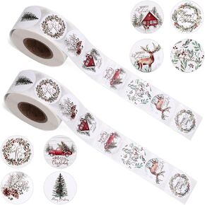 2 Rolls Christmas Stickers for Cards, 0.98in Round Merry Christmas Seals 8 Patterns Christmas Tree Elk Wreath Truck Pine Cone Christmas Label Stickers for Water Bottle Envelopes Gift Crafts