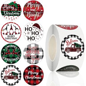 500pcs Christmas Stickers Roll 1.5 Inch Buffalo Plaid Merry Christmas Stickers Self Adhesive Christmas Holiday Stickers for Kids Cards Envelopes Seals Party Gifts Boxes Decorations
