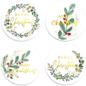Whaline 1000Pcs Merry Christmas Gold Foil Stickers Roll Holly Berry Watercolor Seal Stickers Xmas Greenery Self-Adhesive Decals for Envelope Journal Party Decor, 4 Designs