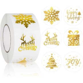 Whaline 1200Pcs Christmas Clear Stickers 6 Styles Foil Gold Transparent Round Label Stickers 1.5in Snowflake Xmas Tree Pattern Stickers for Xmas Envelope Sealing Invitation Greeting Cards Gift Decor