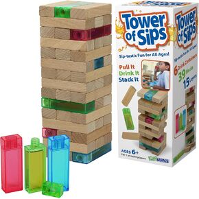 Funwares Tower of Sips - Add a Beverage Twist to Wooden Block Stacking Games, Perfect for Family Fun, Parties, and Gifting, Game for Kids and Adults, Play Solo, in Groups, or Teams, Ages 6+