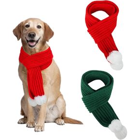 YUEPET 2 Pack Knitted Dog Christmas Scarf Red Green Dog Santa Scarves with White Pompom Ball, Christmas Dog Bandanas for Male Female Medium Large Dogs, Winter Neck Warmer for Pets