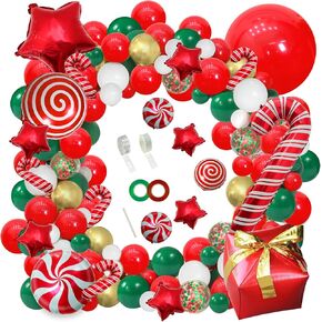 PERPAOL 124pcs Christmas Balloons Garland Arch Kit, Red Green Gold Balloons with Foil Candy Stars Cane Balloons for Christmas Holiday Candy Theme Birthday Decorations Xmas Supplies