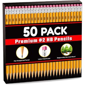 LACCHOUFEE 50 Pack #2 Pencils Bulk Pre-sharpened Pencils with Eraser top, 2 HB Pencils for Writhing Drawing, Yellow Wood-Cased Pencils in Bulk for Office, School, Teacher and Classroom Supplies