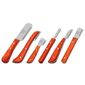 Stripping Knives Set of 6 in Stainless Steel, Wooden Handle, Non-Slip Tools for Grooming Dogs (Blue)