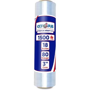 OCTOPUS Stretch Wrap, Industrial Strength 1 Roll Clear, 18" x 1500 feet, 80 Gauge (20 Micron), Heavy Duty Plastic Shrink Film for Packing, Wrapping, Bundling, Shipping, Pallets, and Moving Essentials
