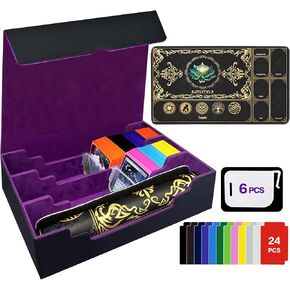MTG Commander Deck Case with Playmat, 3-Row Trading Card Storage Box Fits 3000+ Cards, 6 Movable Partitions 24 Dividers PU Leather Magnetic Closure, Magic/TCG/YuGiOh/Sport (Black&Purple)