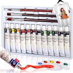 Colorful Fabric Paint Set 12 Colors - Waterproof Permanent Textile Painting Kit for Adults to Arts on Clothes, Shoes and Canvases