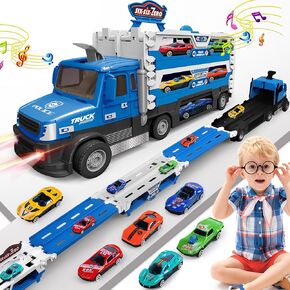 Carrier Truck Toys for Kids, 4.6-FT Foldable Hauler Track Ejection Car and 6 Metal Race Car with Light&Sounds, Truck Toy Toddlers Toys for 2 3 4 5+ Year Old Boys Girls-Blue