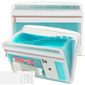 Mukawa 13 Pocket Zippered Expanding File Folder, Zippered Accordion File Organizer, Accordion Folder with Zipper for Documents Letter Size A4 Papers (Pink)
