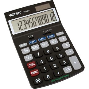 Victor 1180-3A 12-Digit Standard Function Calculator, Battery and Solar Hybrid Powered Adjustable Angle LCD Display, Great for Home and Office Desks, Black