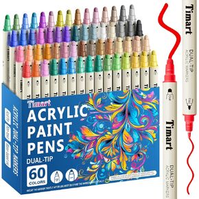 Timart 60 Colors Acrylic Paint Pens, Dual Tip Acrylic Paint Markers for Wood, Stone, Canvas, Pumpkin, Rock Painting, Glass, Ceramic Surface, DIY Crafts Making Art Supplies for Kids and Adults