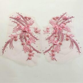 Lace Fabric 3D Flower Patches Tassel Beads Rhinestone Embroidered Wedding Gown Appliques Sew Patch for Dress DIY Decor 2 Pcs (Purple)