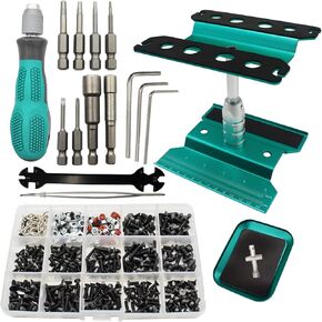 RC Car Repair Work Stand Repair Tool Set 360 Degree Rotation and 523 PCS RC Screws Kit & RC Screwdrivers and Screws Pallet Kit for 1/8 1/10 1/12 1/16 1/18 Scale Crawler Car Truck Buggy (Green)