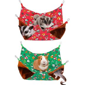 BAMY 2 Pcs Christmas Hamster Hammocks Snowman Sugar Glider Bed Hanging Cage Santa Claus Rat Nest for Small Animal Guinea Pig Chinchillas Hedgehog Gerbil Squirrel Birds Parrot (Red+Green)