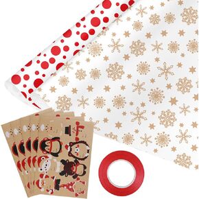 FOPINOA Christmas Tissue Paper, 30 Sheets Holiday Tissue Paper with Xmas Self Adhesive Gift Tag Stickers and Silk Ribbon for Present Boxes, Xmas Gift Wrapping Bags and Wine Bottles(19.7x19.7IN)