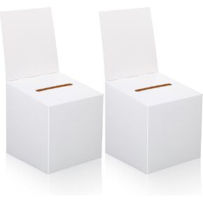 2 Pcs Ballot Box Raffle Box Donation Box for Fundraising, 6 x 6 x 6 Inches Cardboard Box with Slot for Ticket and Removable Header Charity Box for Collecting Business Card Voting Contest (White)