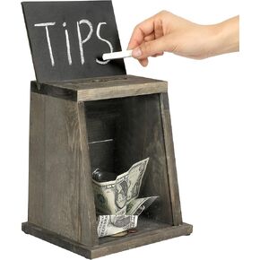 MyGift Rustic Gray Wood Tip Collection & Donation Box with Front Window Panel, Top Slot, Lock, Key, Removable Chalkboard, & Clear Acrylic Sign Holder