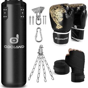 Odoland 6-in-1 Punching Bag Unfilled Set for Men and Women, 4FT Kick Boxing Heavy Bag with 12OZ Punching Gloves and Hand Wraps, Hanging Chains for MMA Karate