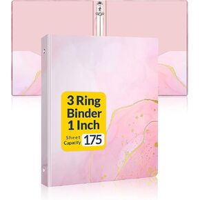 SUNEE 3 Ring Binder 1 Inch, Cute Binder with 2 Pockets, Decorative Pretty Three Ring Binder (Gold Rose on Blue Design) Heavy Duty (Fit 8.5x11 Inches) for School or Office Supplies