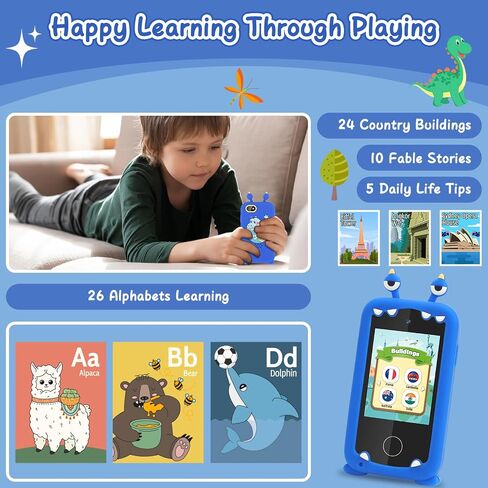 deAO Kids الهاتف الذكي للأولاد، هدايا للفتيات من سن 3 إلى 10 سنوات، ألعاب عيد الميلاد للأطفال، ألعاب تعلم الأطفال الصغار مع كاميرا مزدوجة، لعبة، مشغل موسيقى in Saudi Arabia